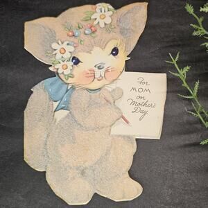 Vintage Greeting Card Mother's Day Baby Kitten Cat Flocked Die-Cut 1950s Unused